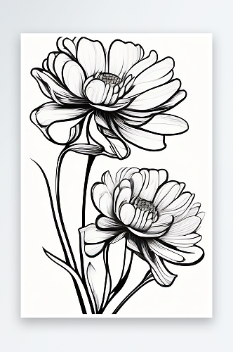 手绘线描的菊花植物插画