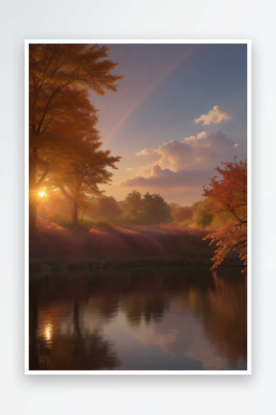 晨光照耀的秋天远眺湖泊