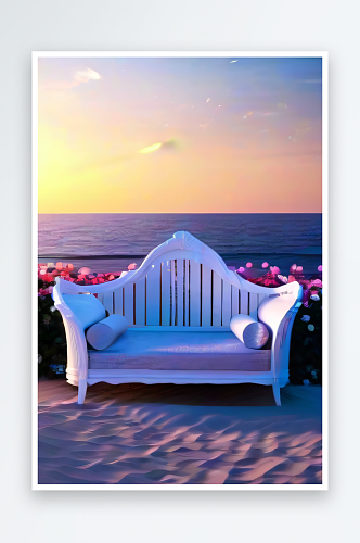 海边浪漫白色躺椅缤纷海滨花海