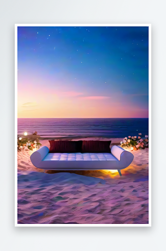 海边浪漫白色躺椅缤纷海滨花海