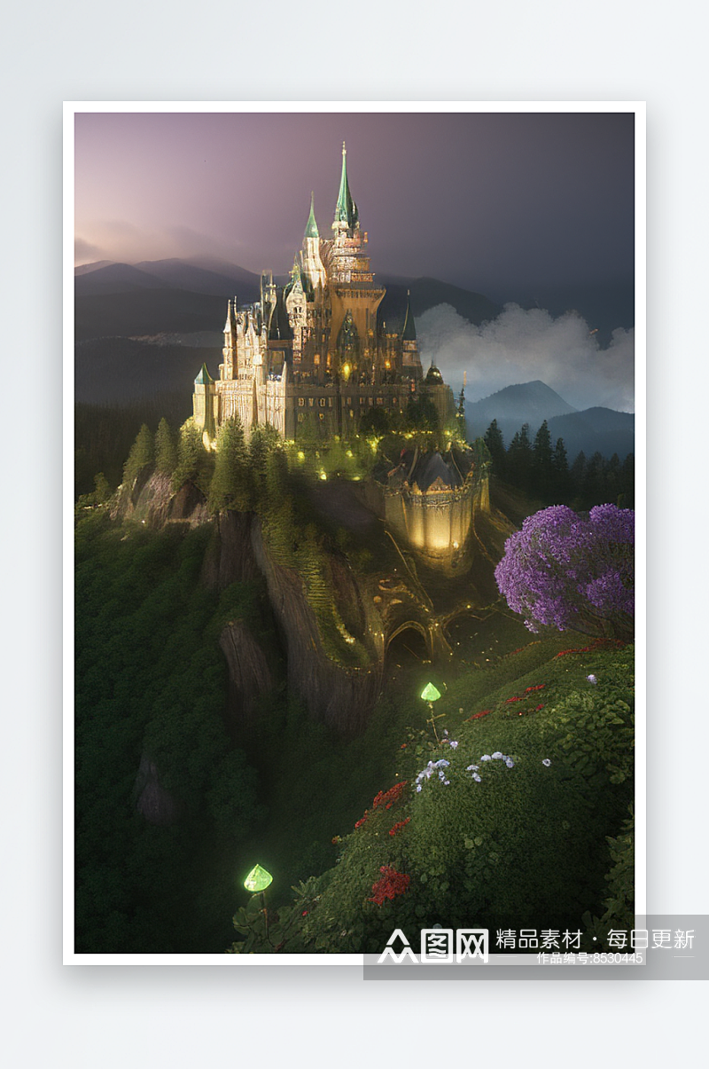 绿色仙境中的童话城堡缤纷花海与烟雾素材