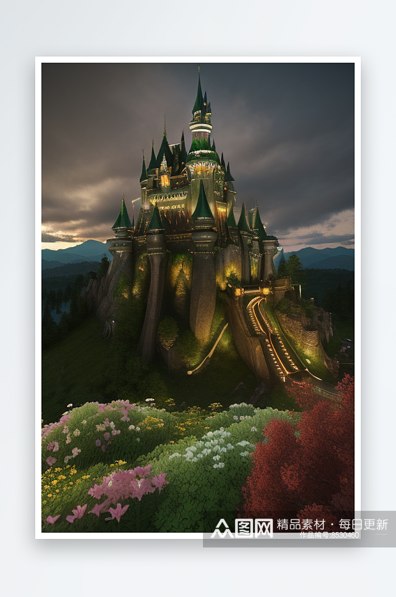 绿色仙境中的童话城堡缤纷花海与烟雾素材
