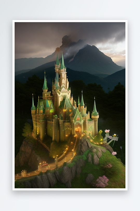 绿色仙境中的童话城堡缤纷花海与烟雾