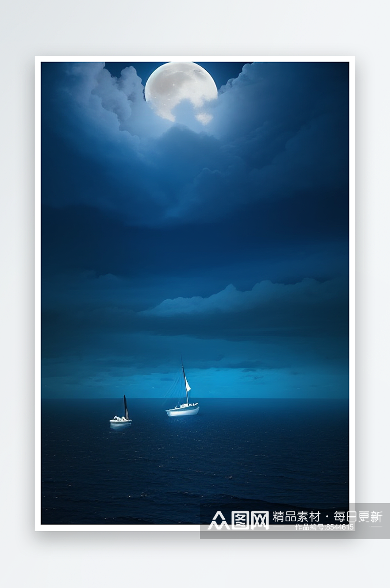 魔幻蓝色海洋中的帆船素材