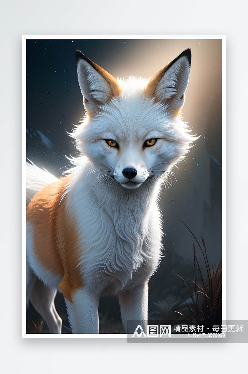 灯光璀璨白九尾狐肖像的视觉魔力素材