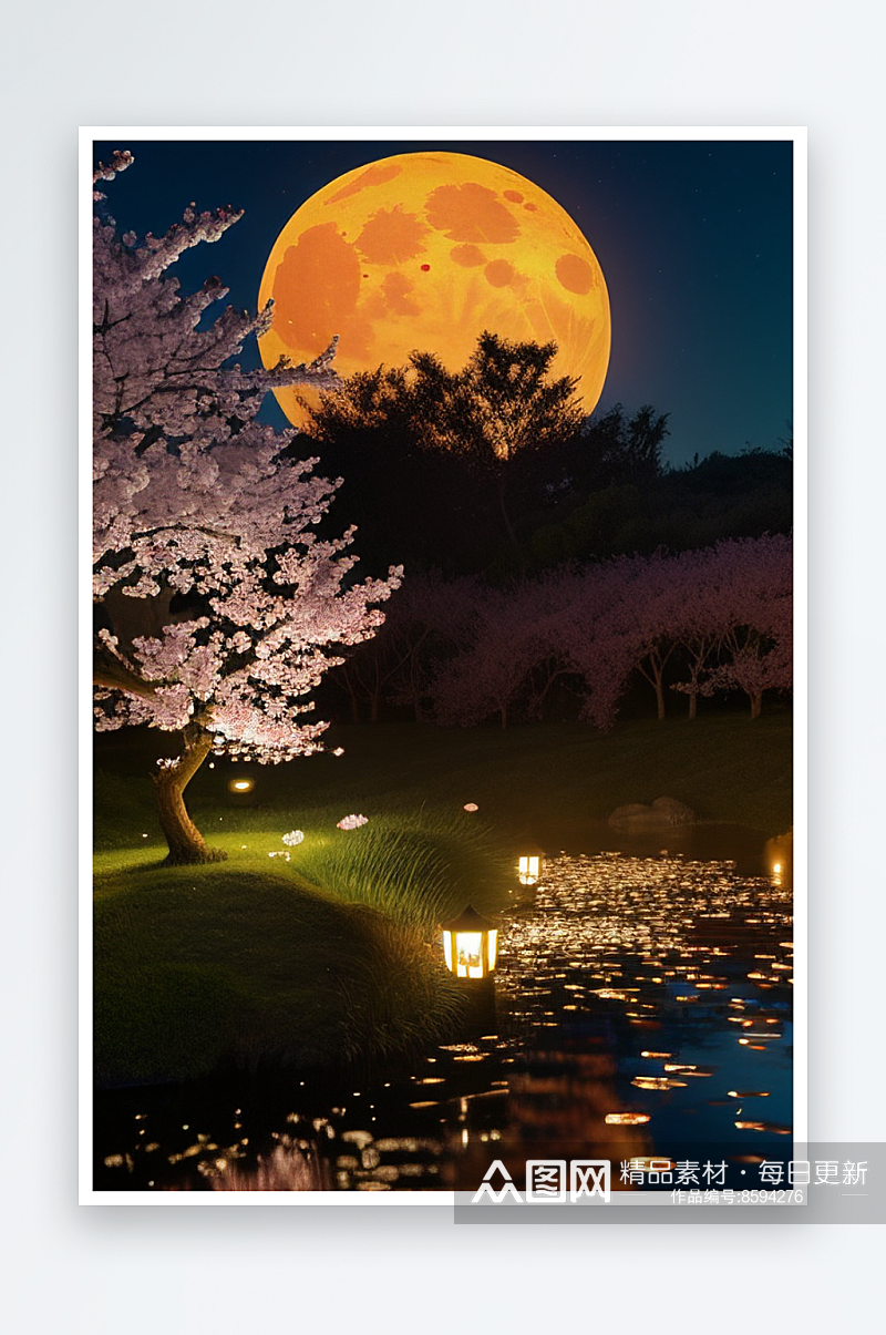 古韵中的浪漫中秋月亮与樱花素材
