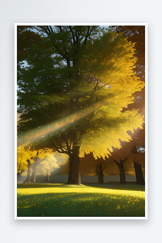 秋日落叶树林金黄与翠绿交织的光影