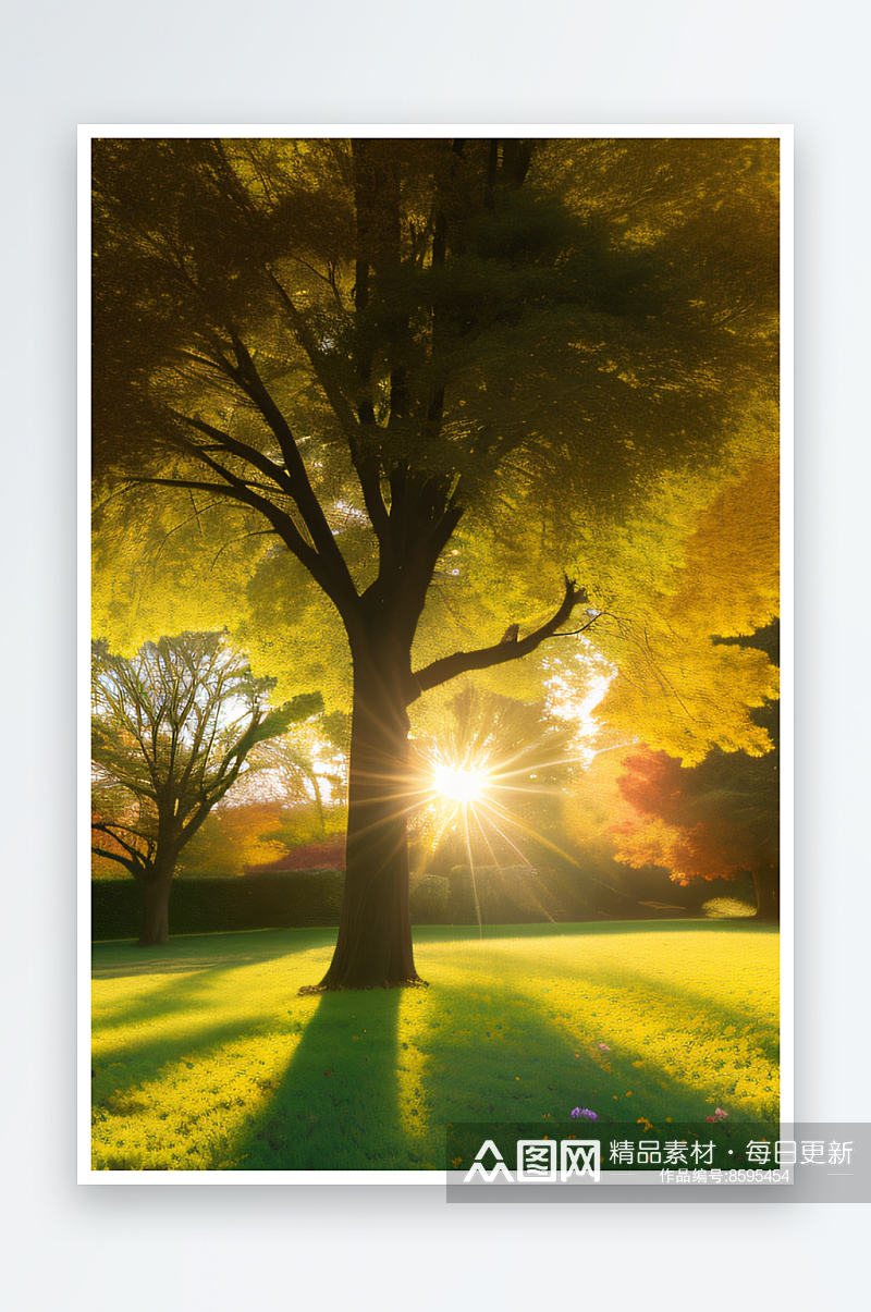 秋日落叶树林金黄与翠绿交织的光影素材