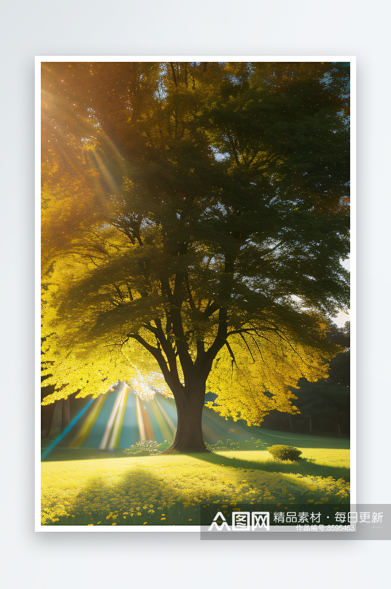 秋日落叶树林金黄与翠绿交织的光影素材