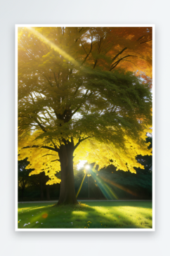 秋日落叶树林金黄与翠绿交织的光影