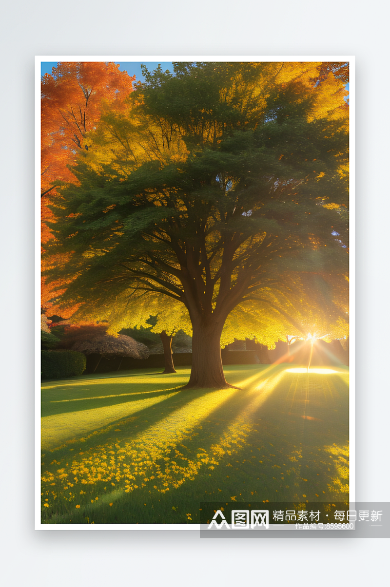 金秋时节大树携着树叶的美丽散发着光彩素材