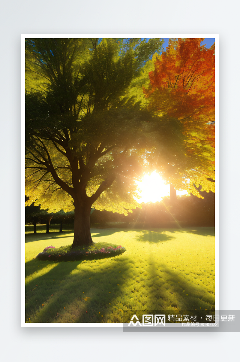 金秋时节大树携着树叶的美丽散发着光彩素材