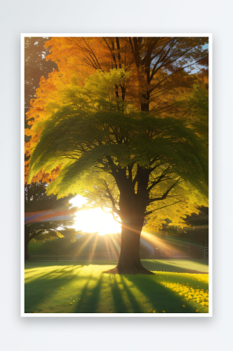 绚烂秋日大树低垂的枝干营造出梦幻的氛围