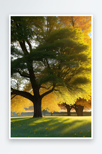 美丽如画的秋日景色大树与树叶的完美融合