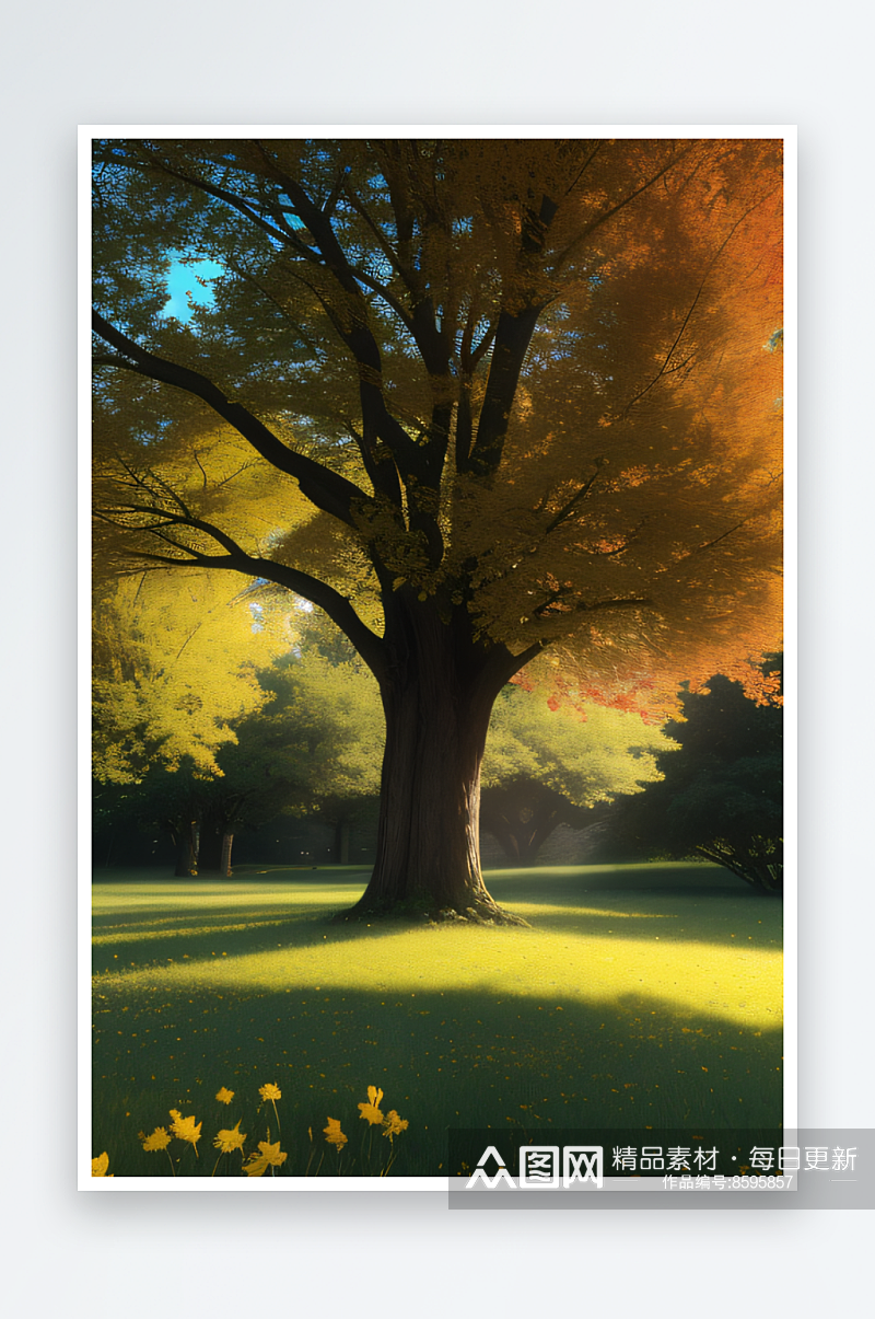 绚丽秋天的景色大树与树叶的完美融合素材