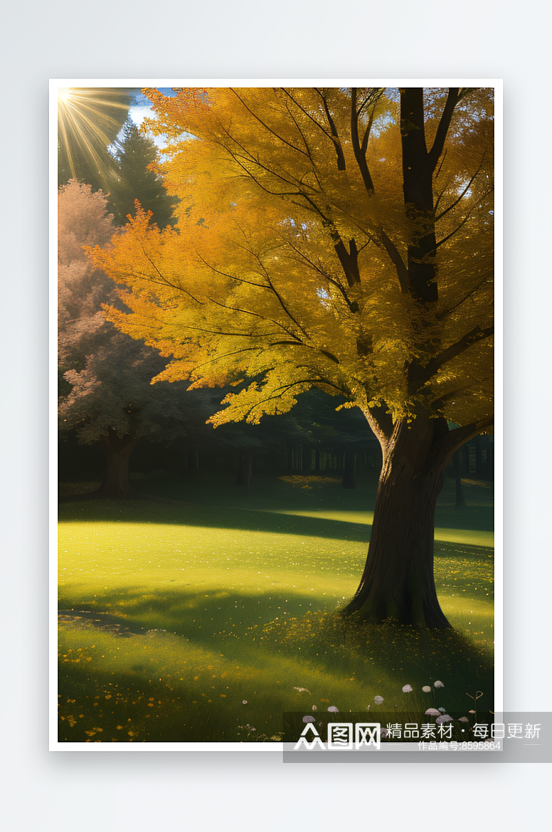 绚丽秋天的景色大树与树叶的完美融合素材