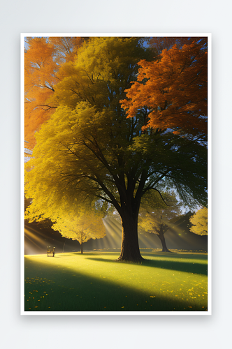 绚丽秋天的景色大树与树叶的完美融合