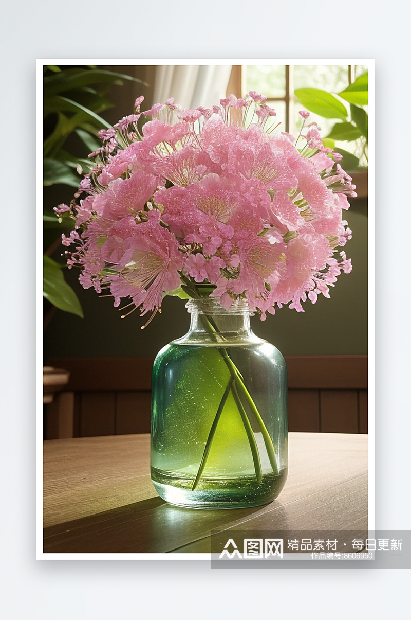 绿瓶插花自然与艺术的完美结合素材