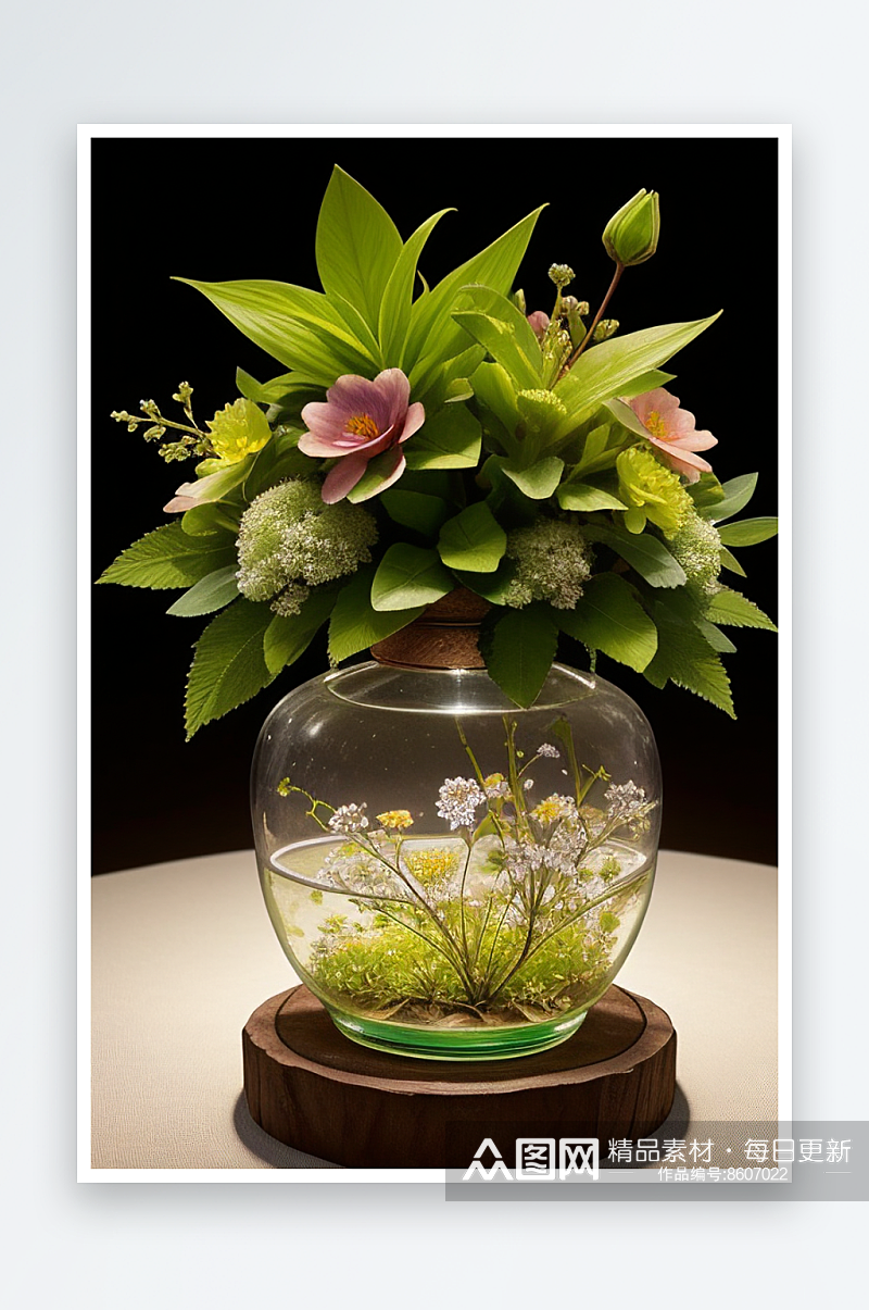 自然的艺术绿瓶插花的优雅展示素材