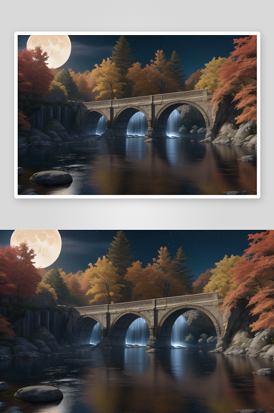 古风奇幻CG渲染流水桥梁与秋叶红