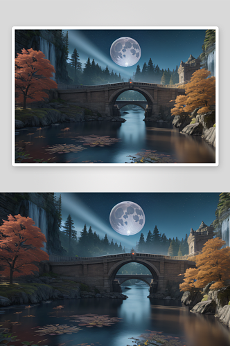超梦幻夜景流水桥梁与巨大透明月亮