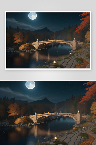 超梦幻夜景流水桥梁与巨大透明月亮