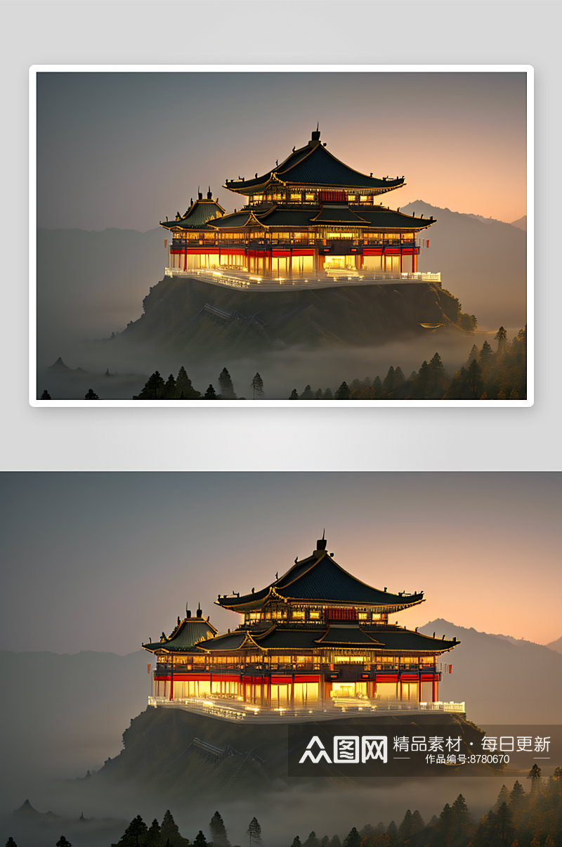 雾中的中国宫殿高清细节展现奢华与美丽素材