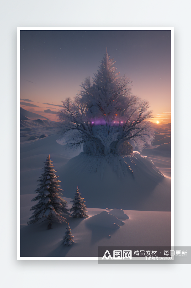 冰雪中的树与云景色素材