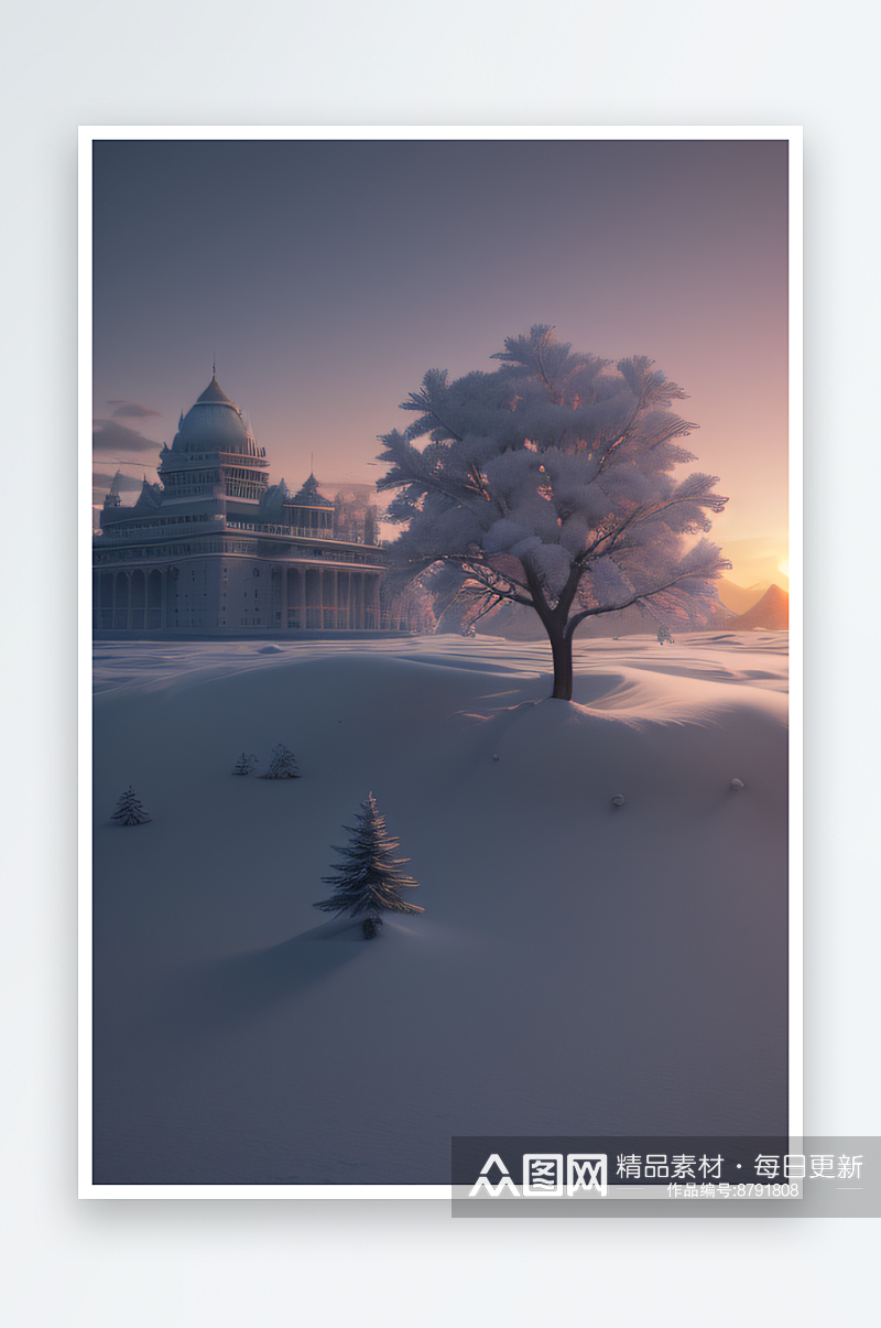 冰雪中的树与云景色素材