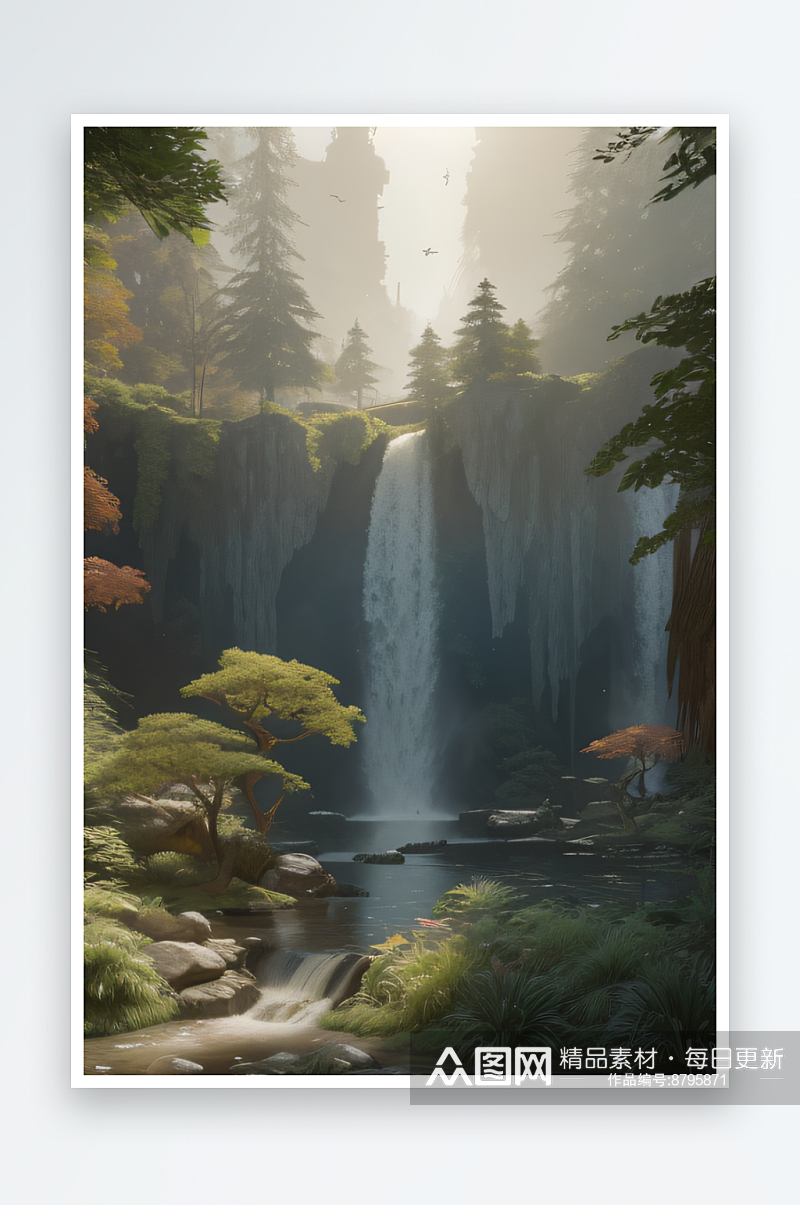 美妙瀑布与红木森林的奇幻画境素材