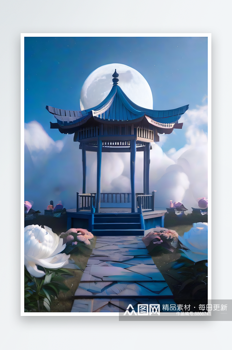 美轮美奂的中国古亭梦幻云彩与圆月的渲染素材