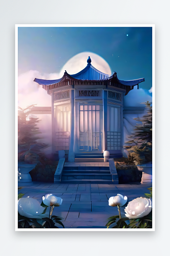 美轮美奂的中国古亭梦幻云彩与圆月的渲染