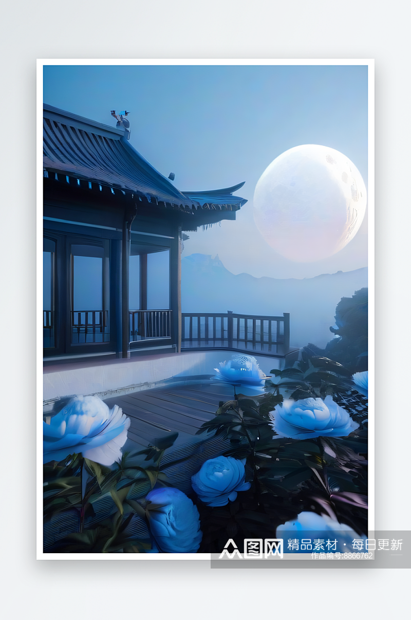 美轮美奂的中国古亭梦幻云彩与圆月的渲染素材