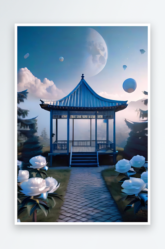 美轮美奂的中国古亭梦幻云彩与圆月的渲染