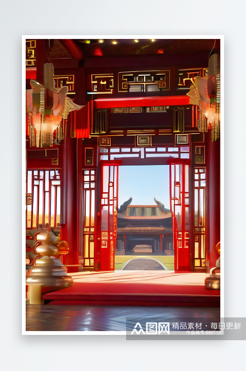 梦幻红宫殿中式建筑与动漫风格的完美结合素材