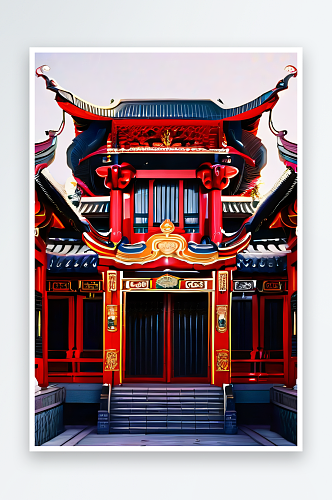 幻想红宫宝石装饰的中国古代宫殿与动漫风格