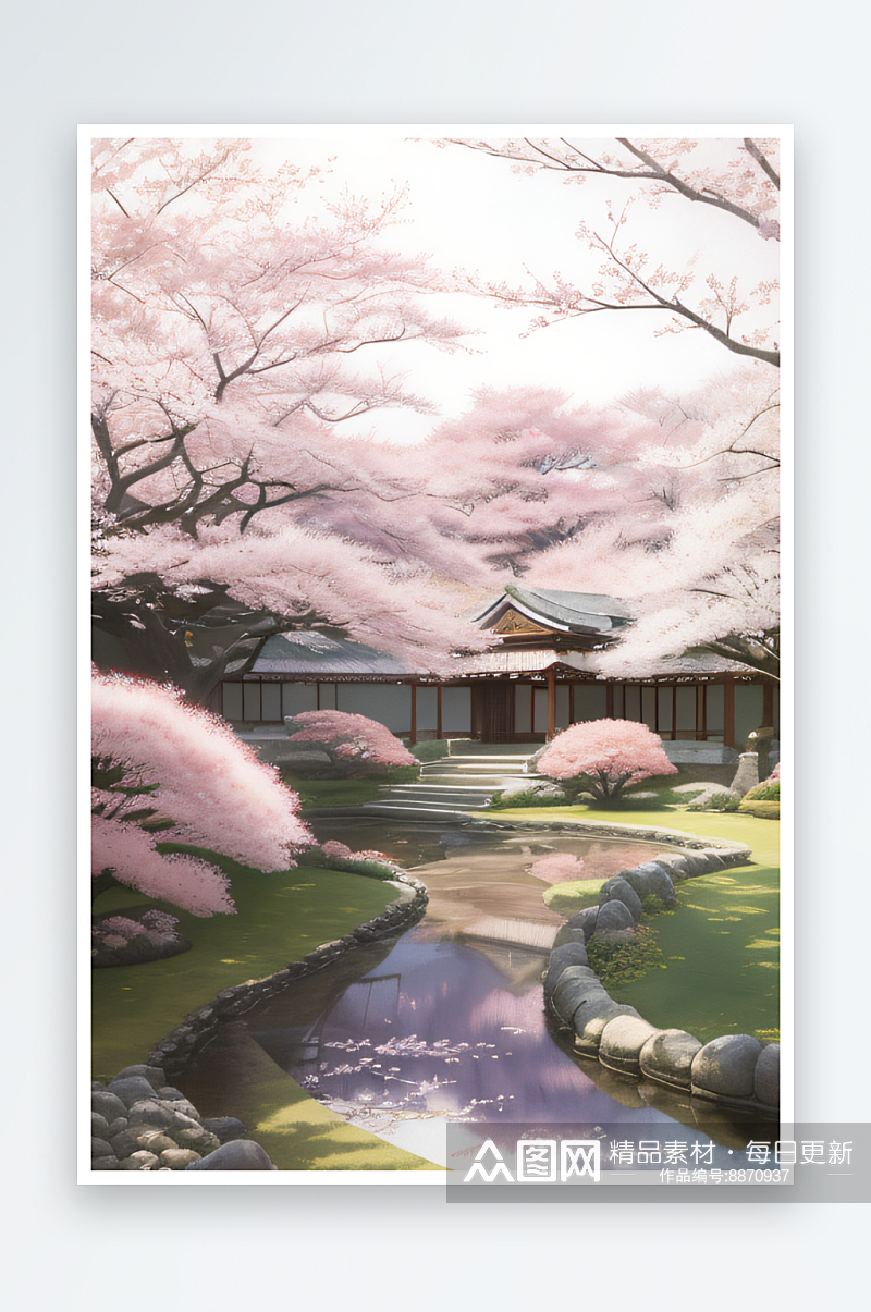宁静的日本庭园中的樱花素材