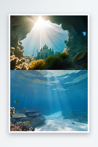 珊瑚礁环绕太阳光线照射下的泰姬陵宫殿