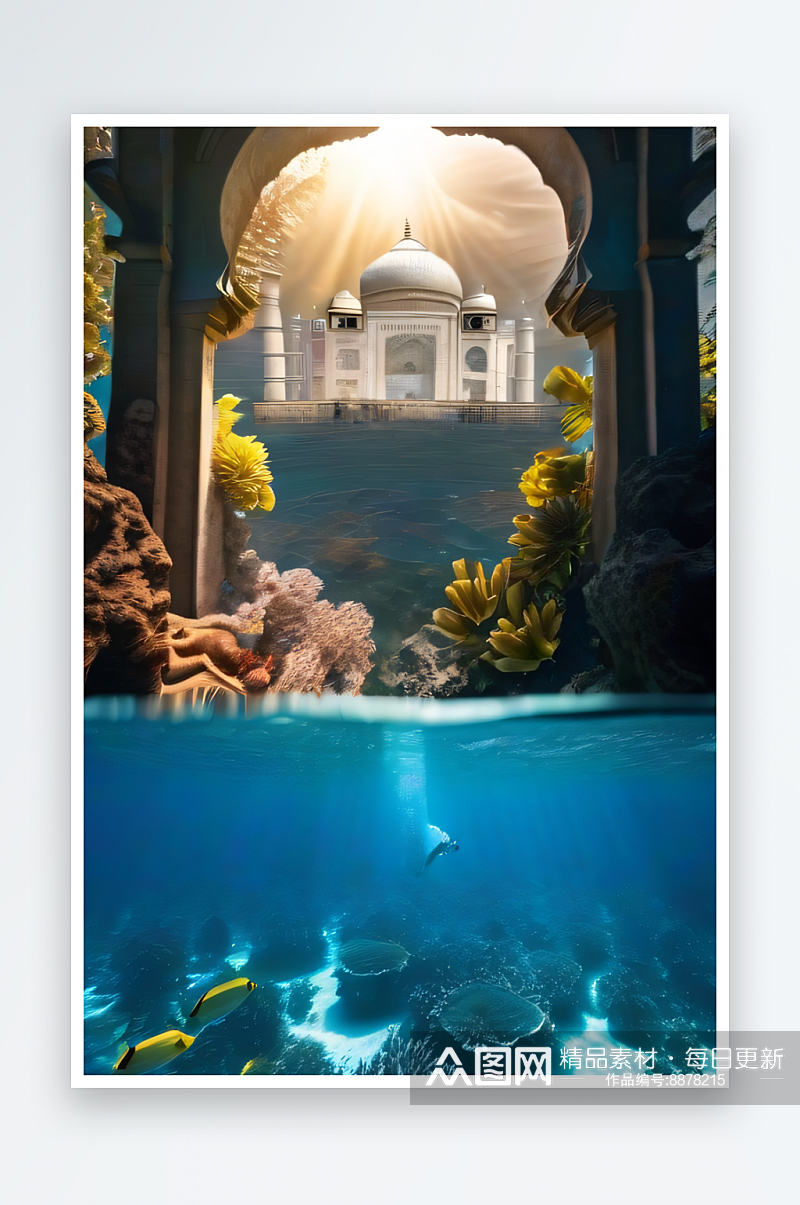 珊瑚礁环绕太阳光线照射下的泰姬陵宫殿素材
