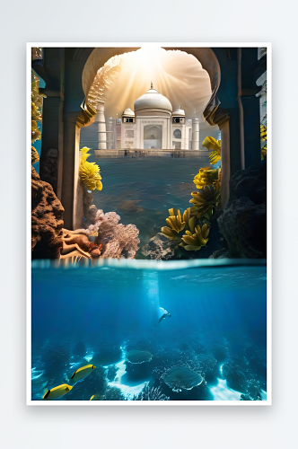 珊瑚礁环绕太阳光线照射下的泰姬陵宫殿
