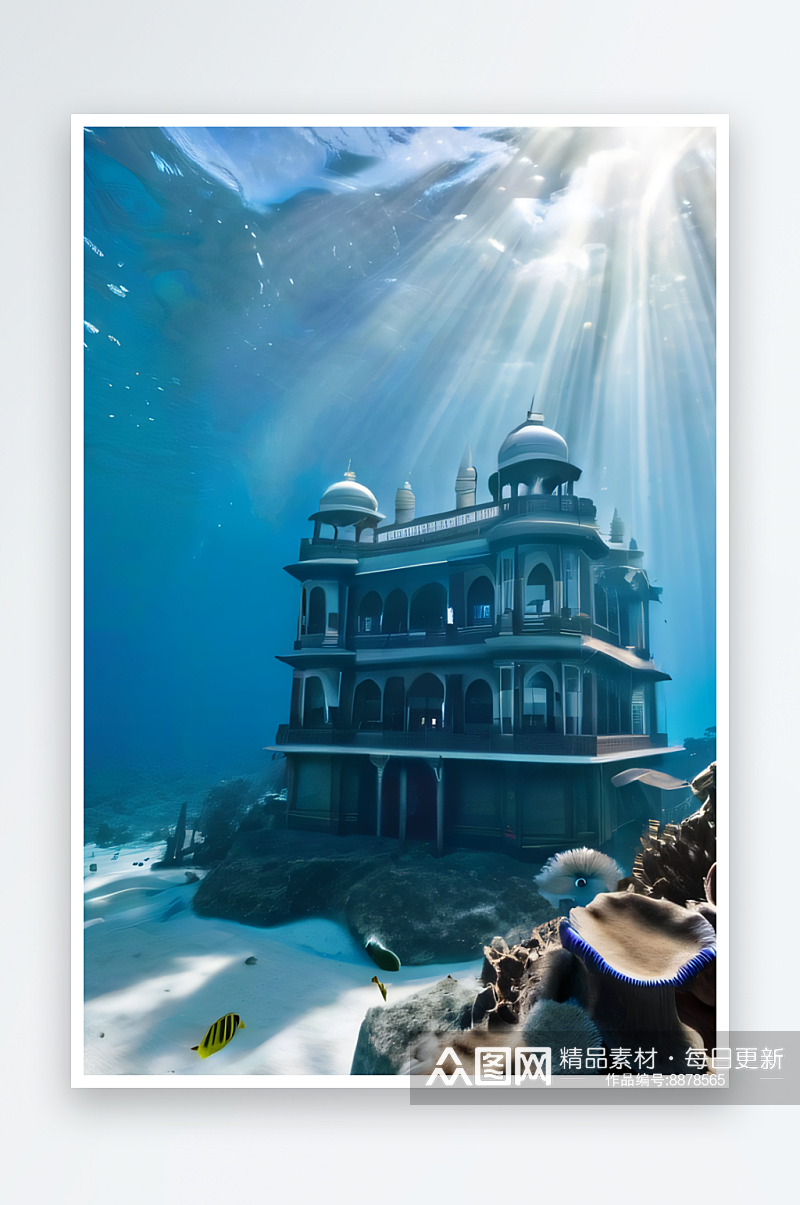 珊瑚海底世界太阳光线下的泰姬陵宫殿素材