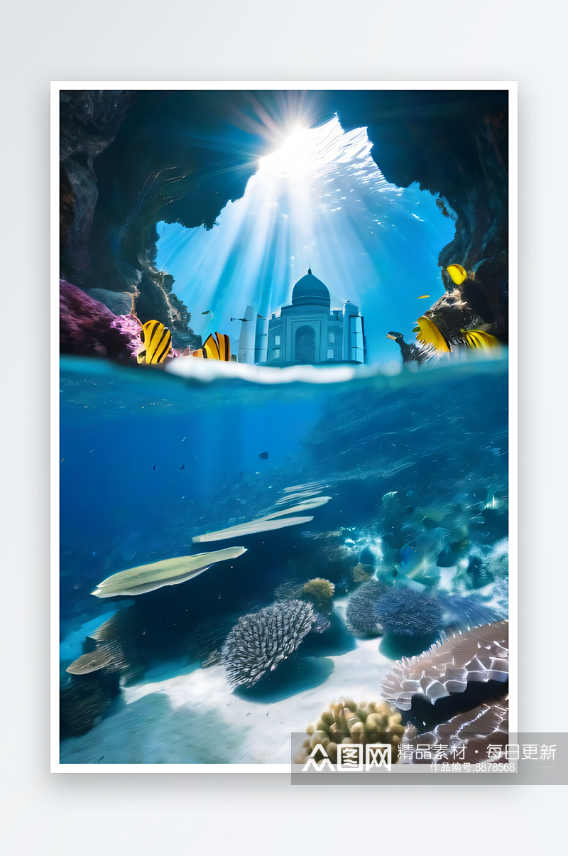 珊瑚海底世界太阳光线下的泰姬陵宫殿素材