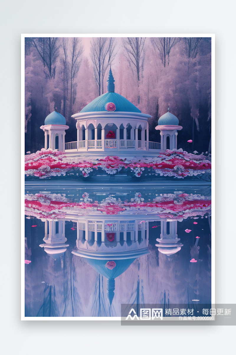 冰玫瑰宫殿湖面上的花海素材