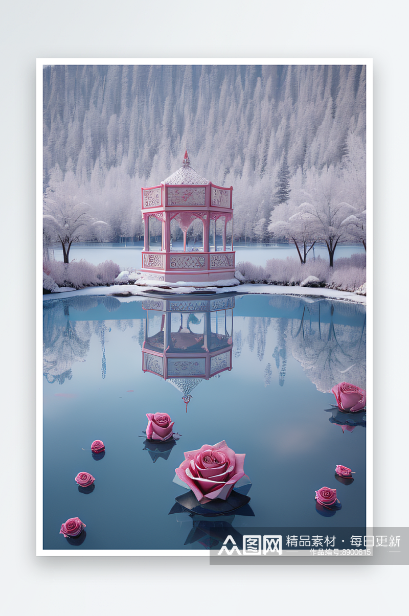 冰玫瑰宫殿湖面上的花海素材