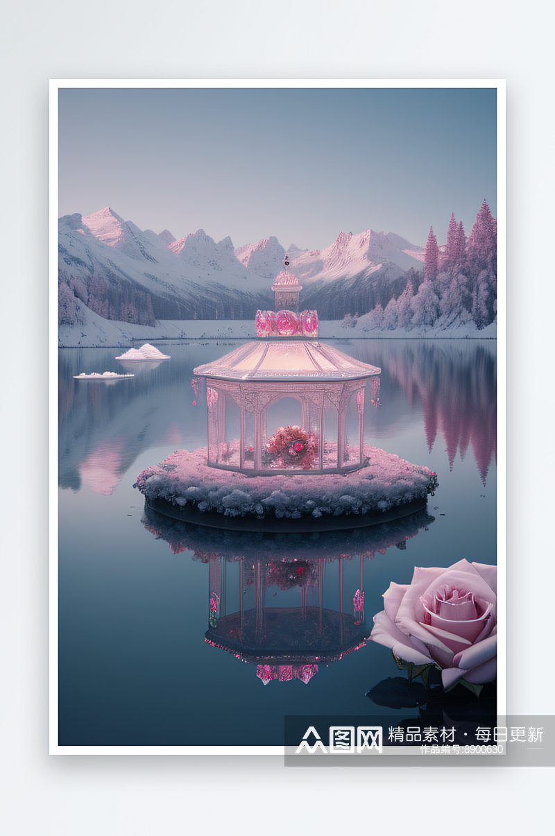 玫瑰冰宫湖面倒影浪漫素材