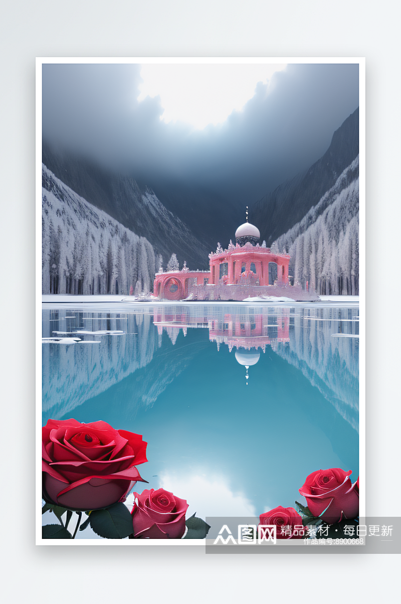 冰湖花海玫瑰倒影迷人素材