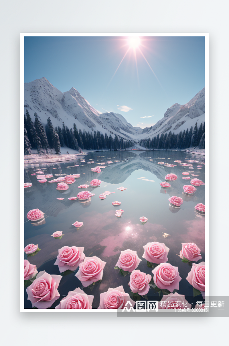 玫瑰花海冰湖倒影壮观素材
