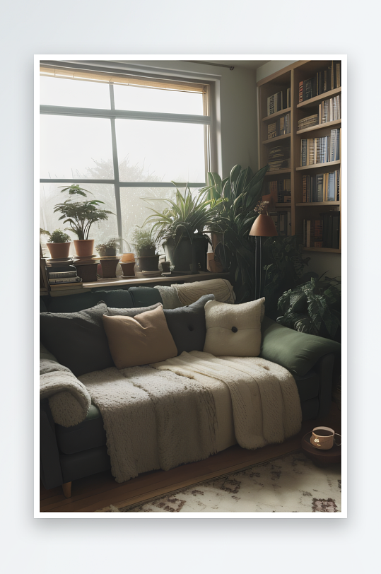 温暖舒适的居家客厅满满的绿植装饰