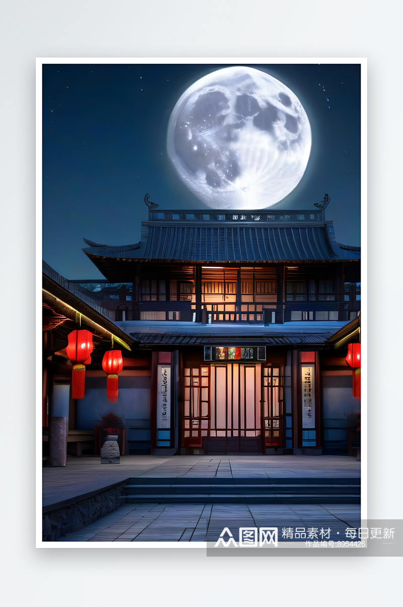 明月当空壮丽中国宫殿诗意画卷素材