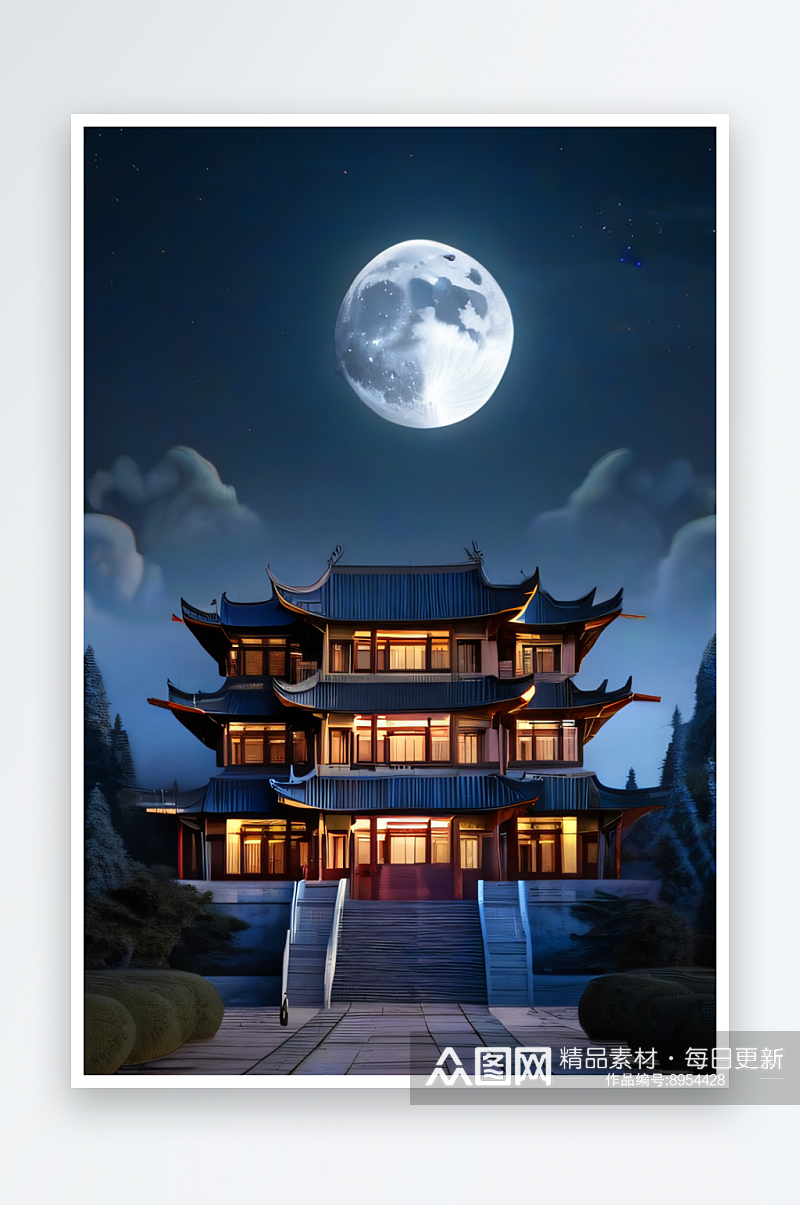 明月当空壮丽中国宫殿诗意画卷素材